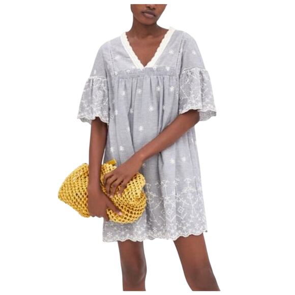 Zara Blue White Striped Eyelet Babydoll Mini Dress XS - Picture 1 of 8